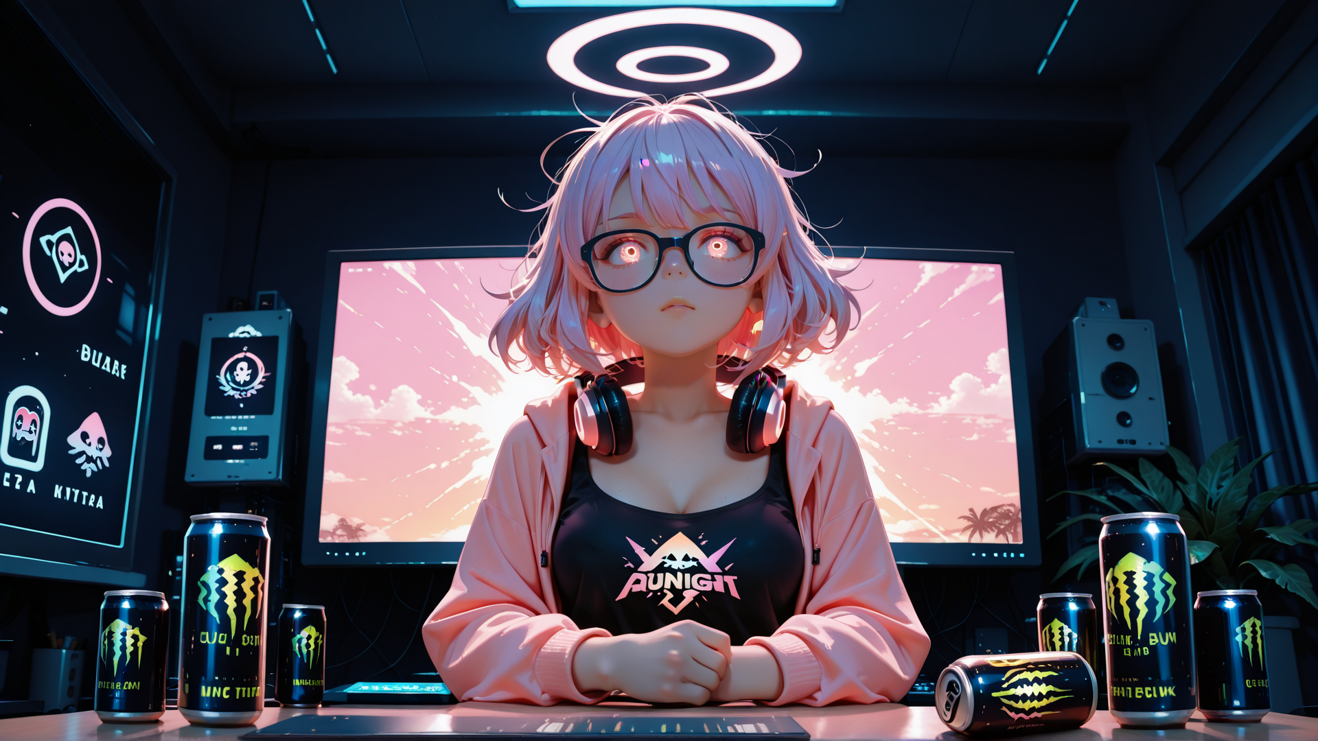 AI generated wallpaper featuring girl, headphones, monitor, can, glasses, plants, speakers, laptop, desk, screen
