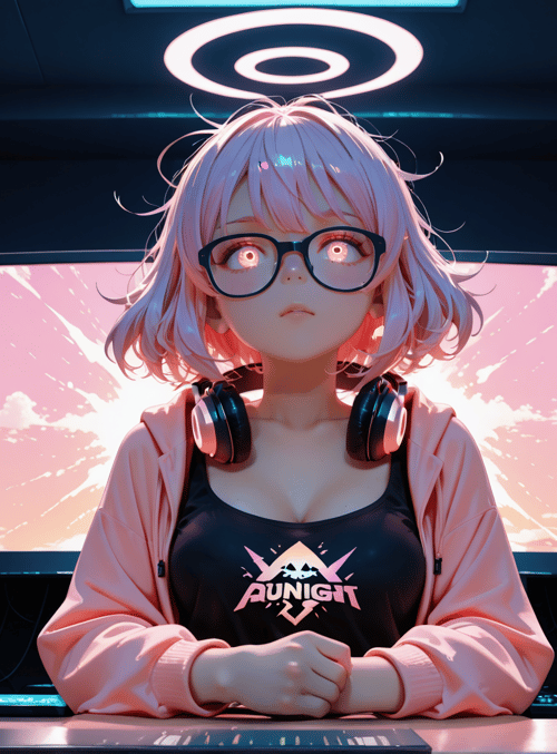 girl, headphones, monitor, can, glasses, plants, speakers, laptop, desk, screen