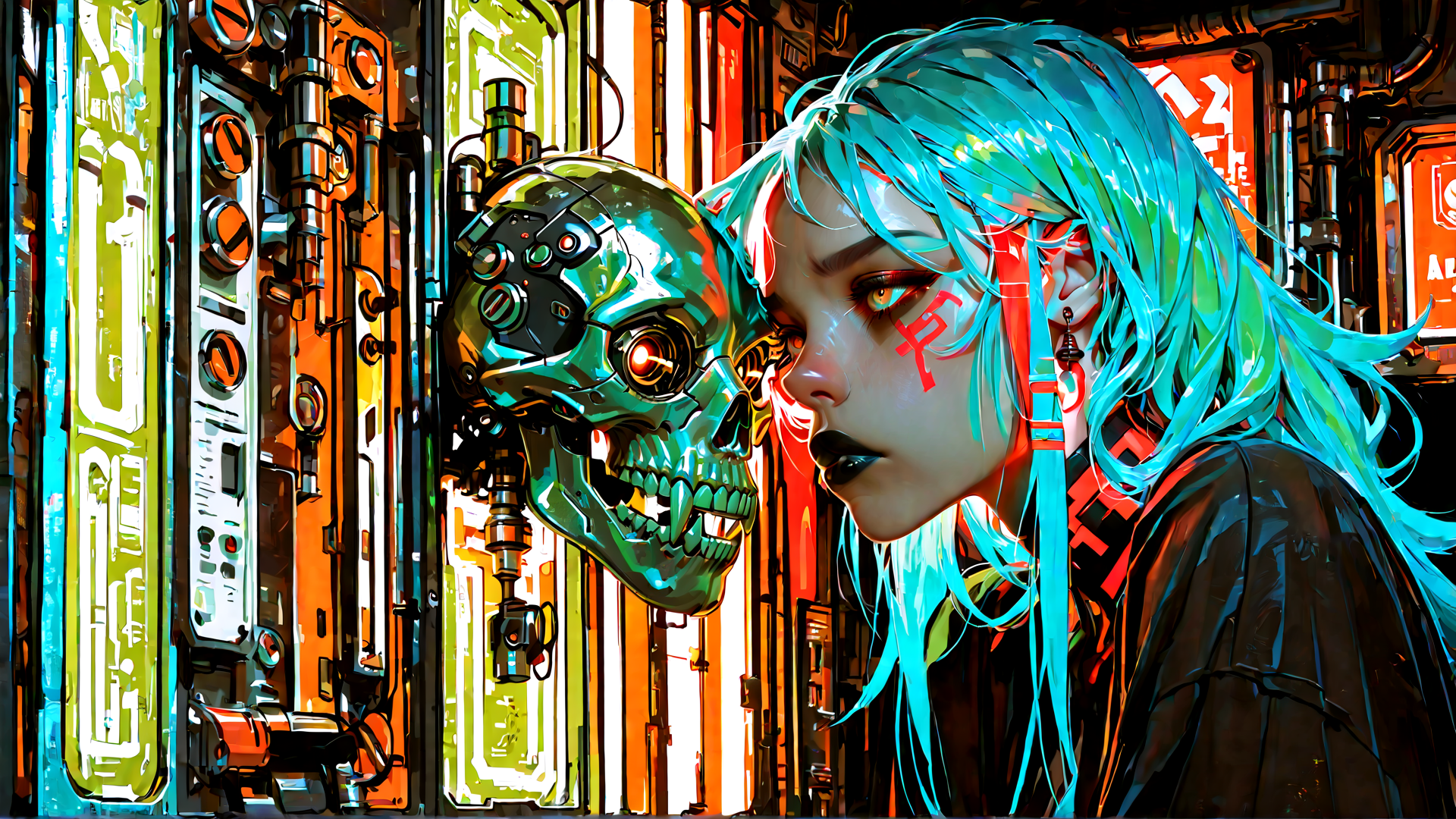 AI generated wallpaper featuring cyborg, skull, girl, neon, goggles, hair, cityscape, robot, cyberpunk, signs