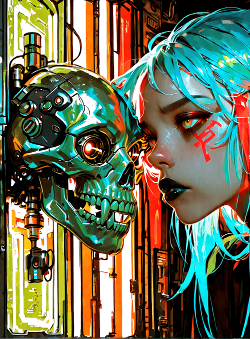 cyborg, skull, girl, neon, goggles, hair, cityscape, robot, cyberpunk, signs