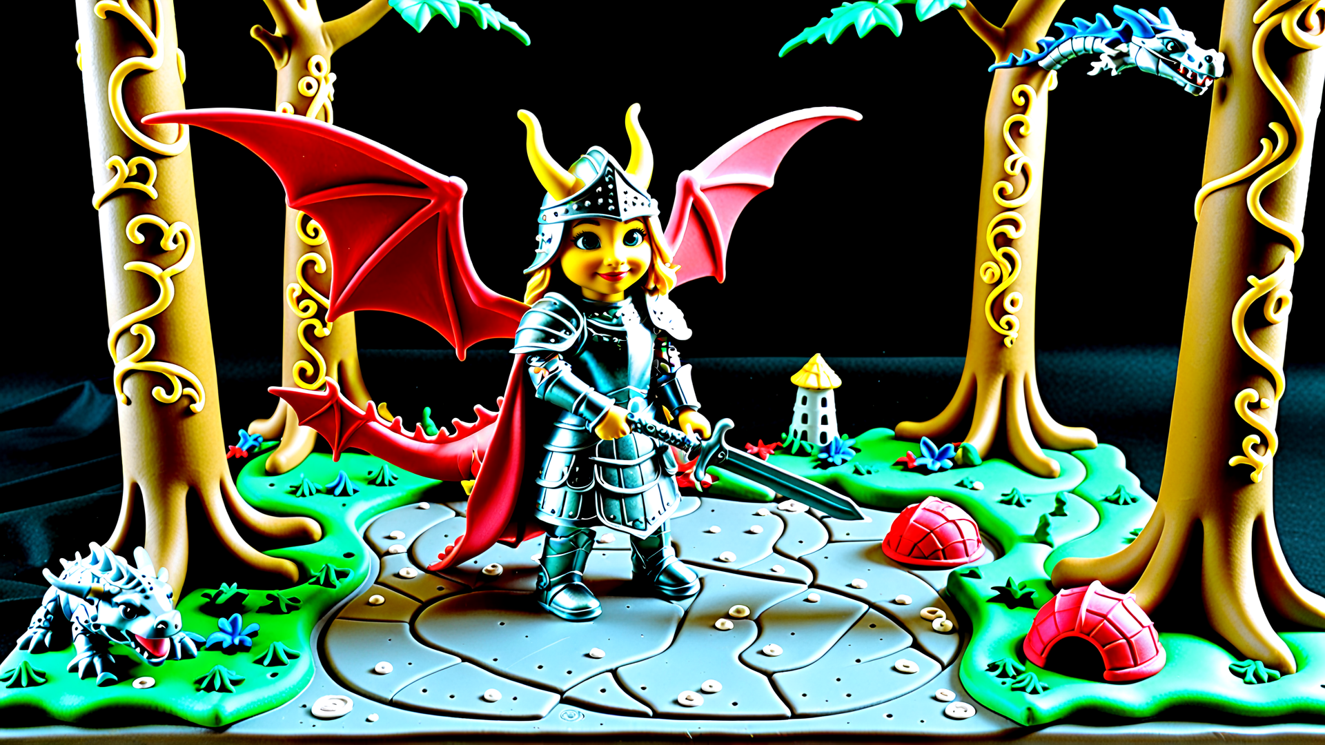 AI generated wallpaper featuring dragon, knight, tree, castle, sword, hedgehog, dragon, dragon, dragon
