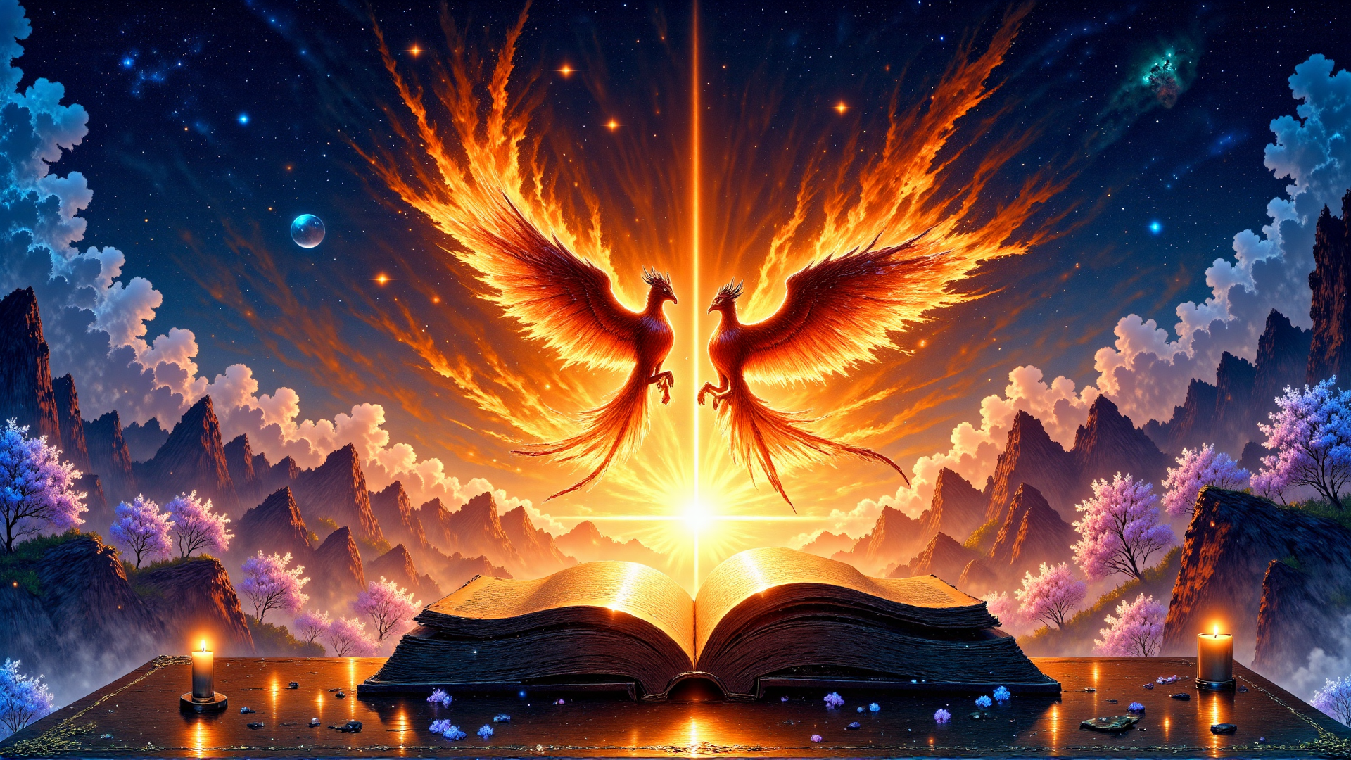 AI generated wallpaper featuring phoenix, book, mountain, candle, tree, sky, star, cloud, sun, flower
