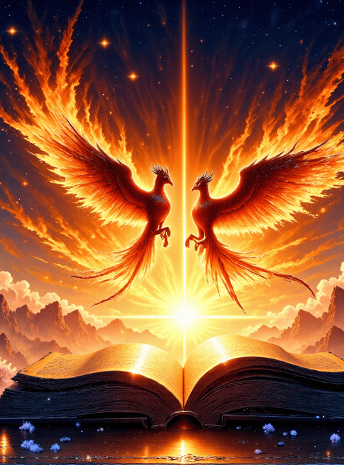 phoenix, book, mountain, candle, tree, sky, star, cloud, sun, flower