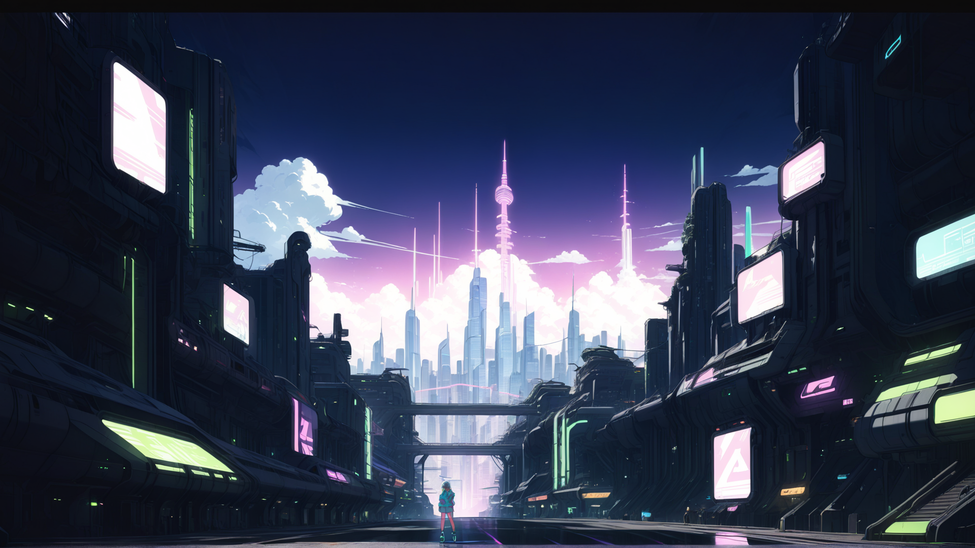 AI generated wallpaper featuring city, person, skyscrapers