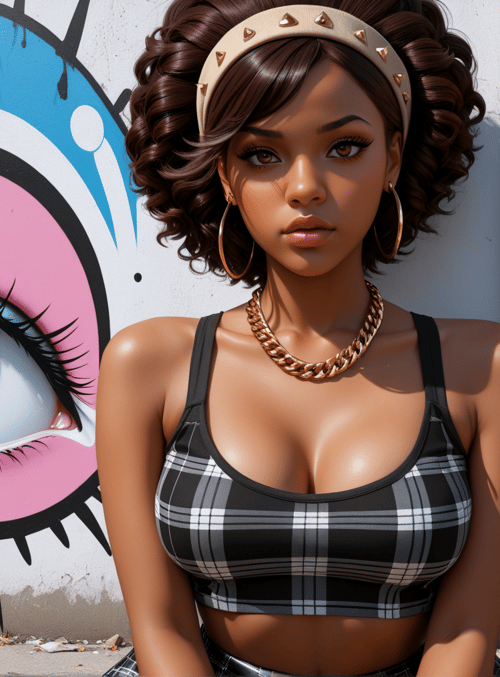 woman, graffiti, wall, headband, chain, crop top, curls, earrings, cityscape, painting