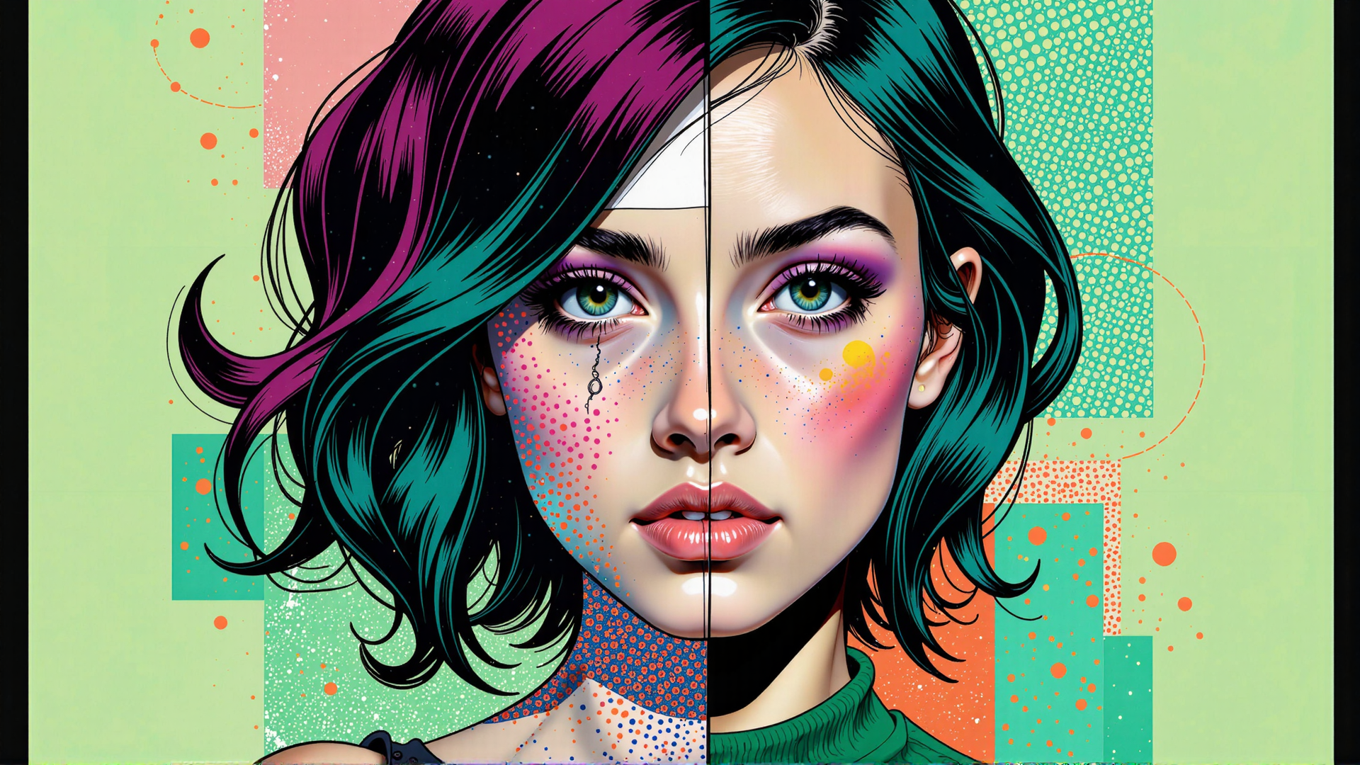 AI generated wallpaper featuring woman, hair, face, tears, dots, collage, shoulders