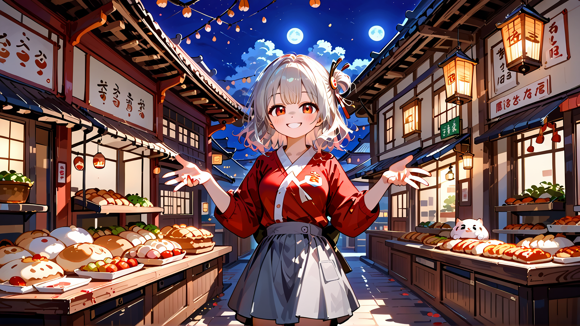 AI generated wallpaper featuring girl, street, market, bakery, lantern, cat, moon, shop, food, sign