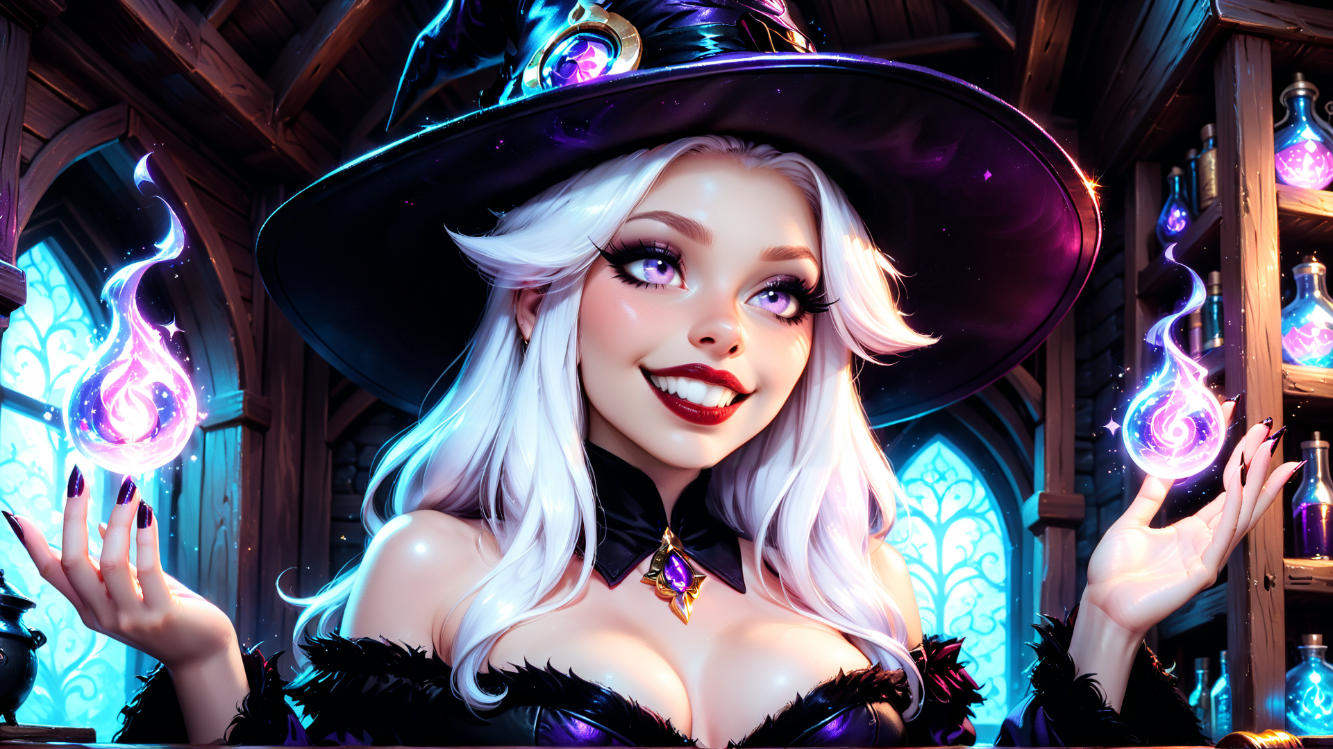 AI generated wallpaper featuring witch, woman, hat, fire, bottles, window