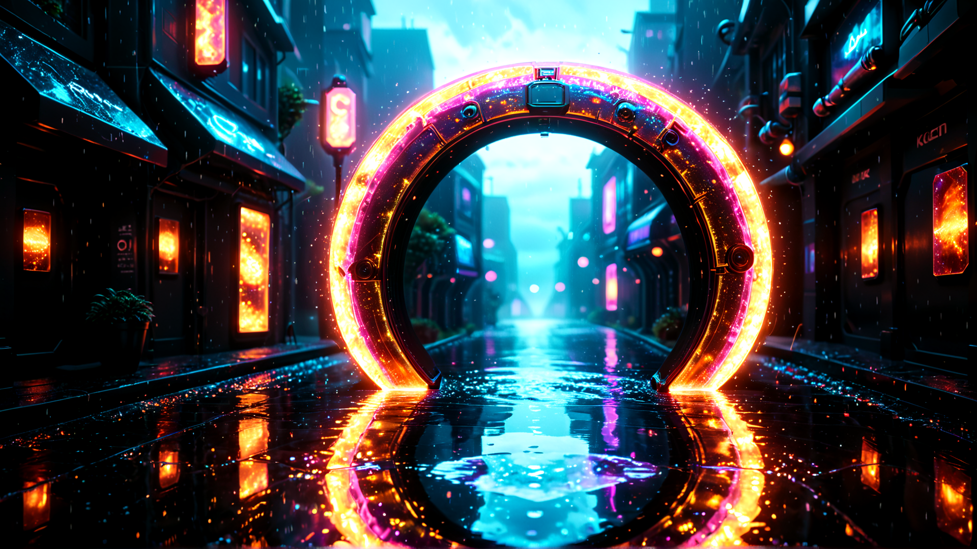 AI generated wallpaper featuring portal, street, neon, city, rain, building, light, reflection, lamp, sign
