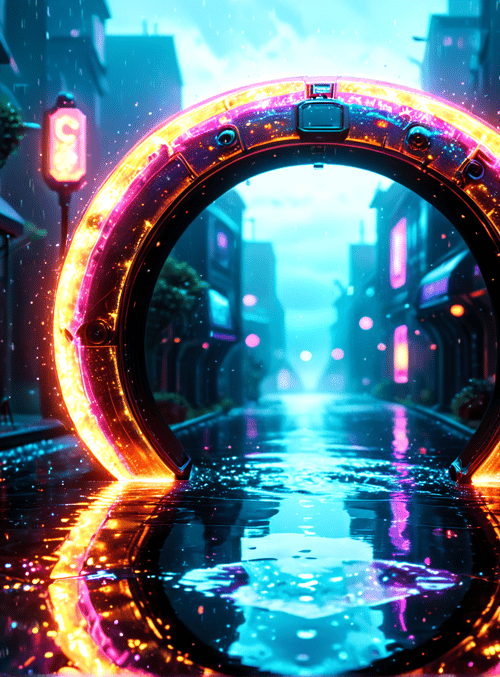 portal, street, neon, city, rain, building, light, reflection, lamp, sign