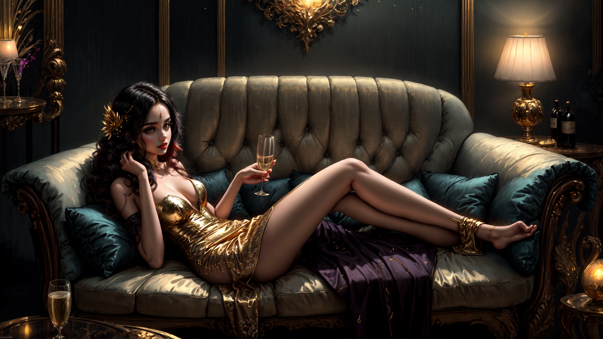 AI generated wallpaper featuring woman, sofa, champagne, gilded, pillow, lamp, dress, wine, candle, gold