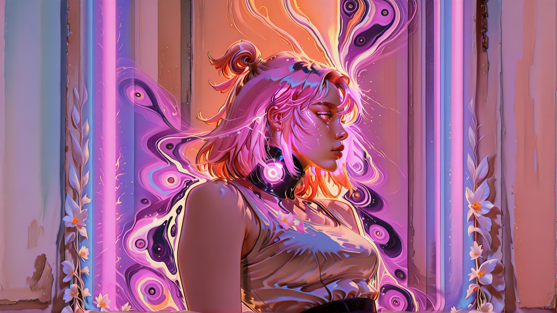 AI generated wallpaper featuring woman, butterfly, flowers, neon, cyberpunk, futurism, art