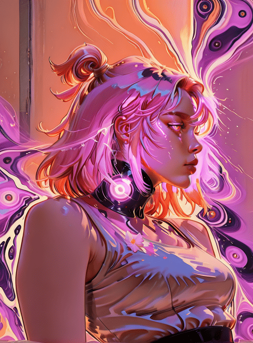 woman, butterfly, flowers, neon, cyberpunk, futurism, art
