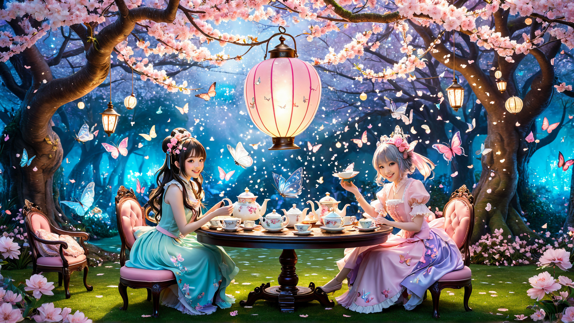 AI generated wallpaper featuring girls, tea party, butterflies