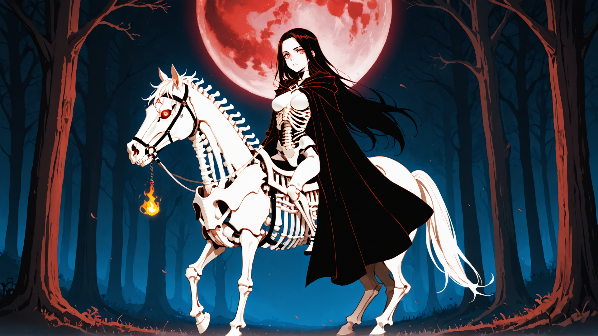 AI generated wallpaper featuring skeleton woman, skeleton horse, red moon, forest, fire lantern