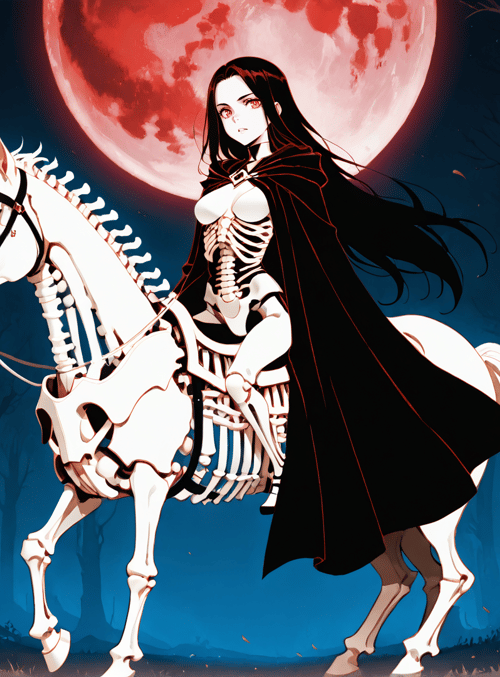skeleton woman, skeleton horse, red moon, forest, fire lantern