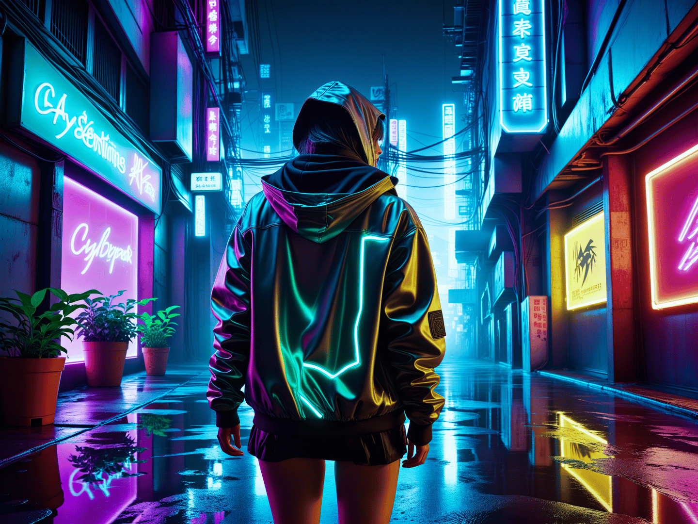 AI generated wallpaper featuring person, neon, street