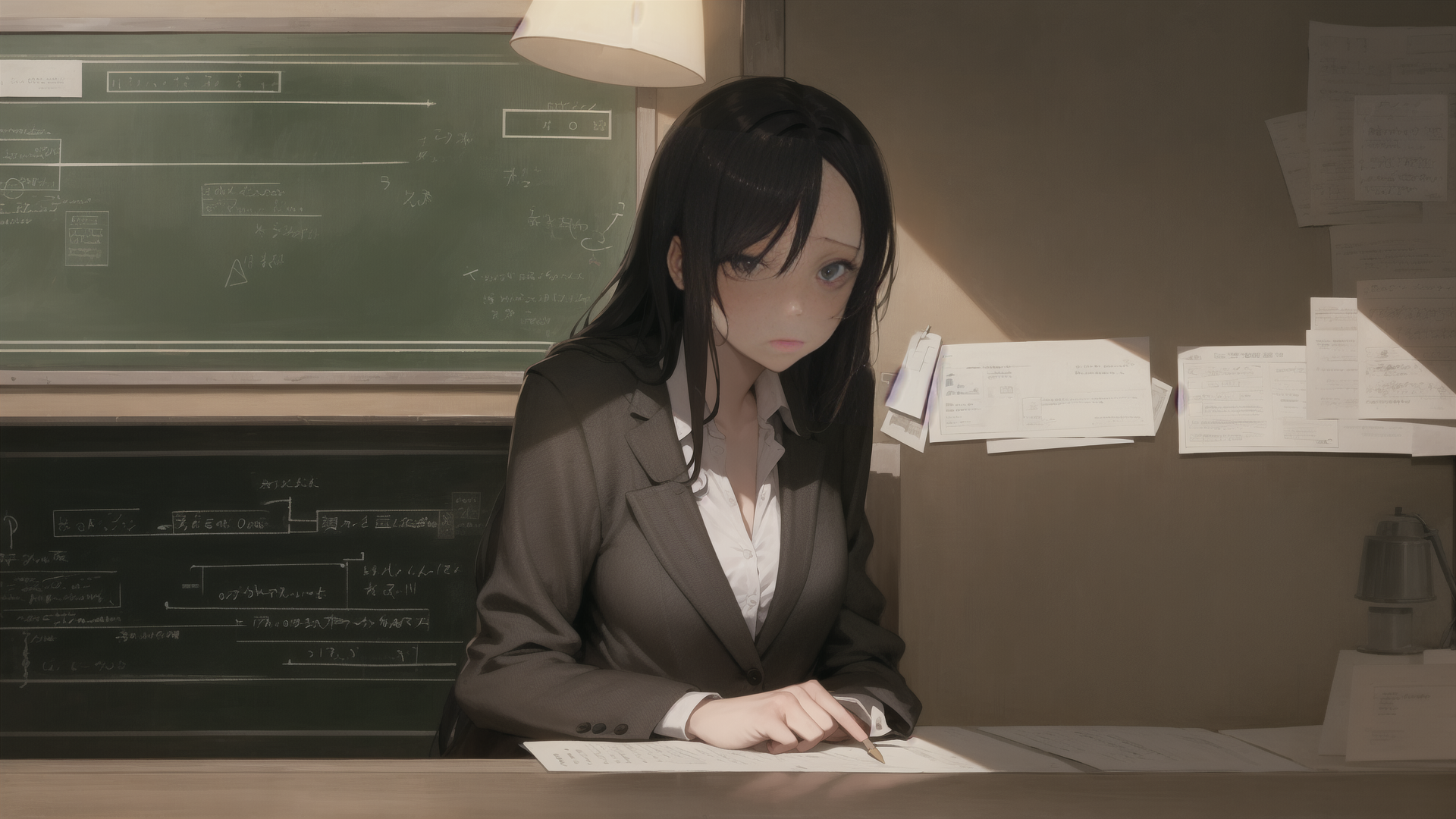 AI generated wallpaper featuring woman, teacher, desk