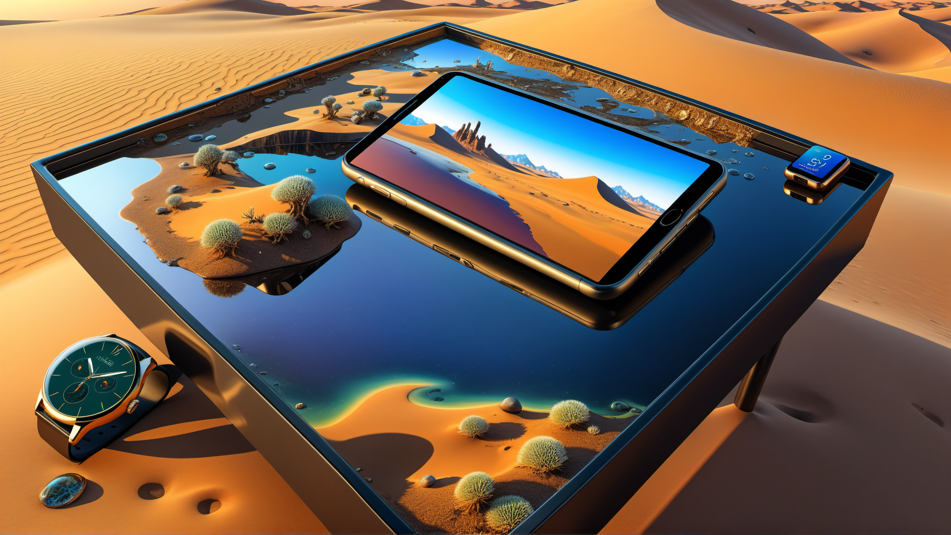 AI generated wallpaper featuring table, phone, watch