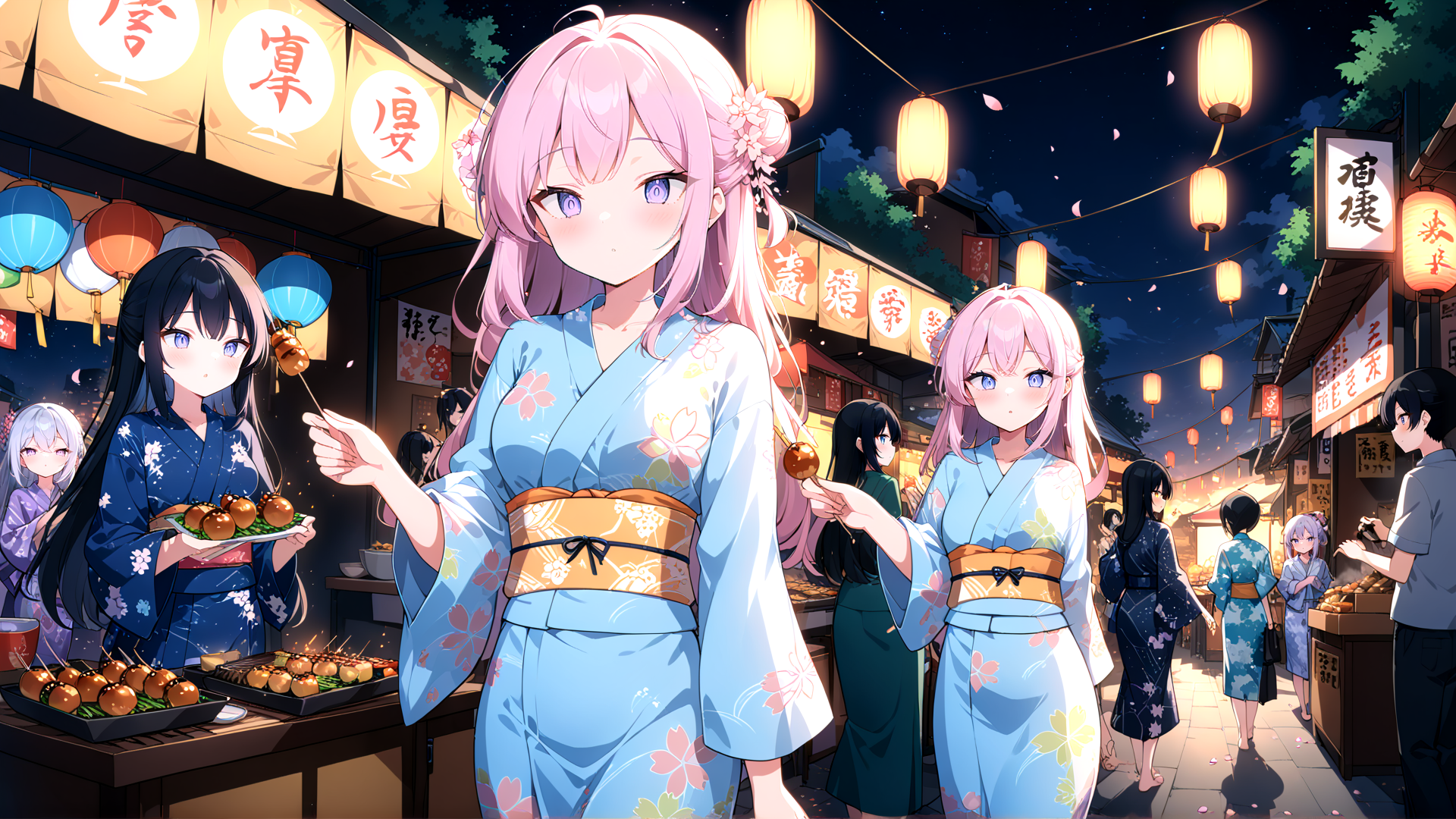 AI generated wallpaper featuring girls, yokai, festival