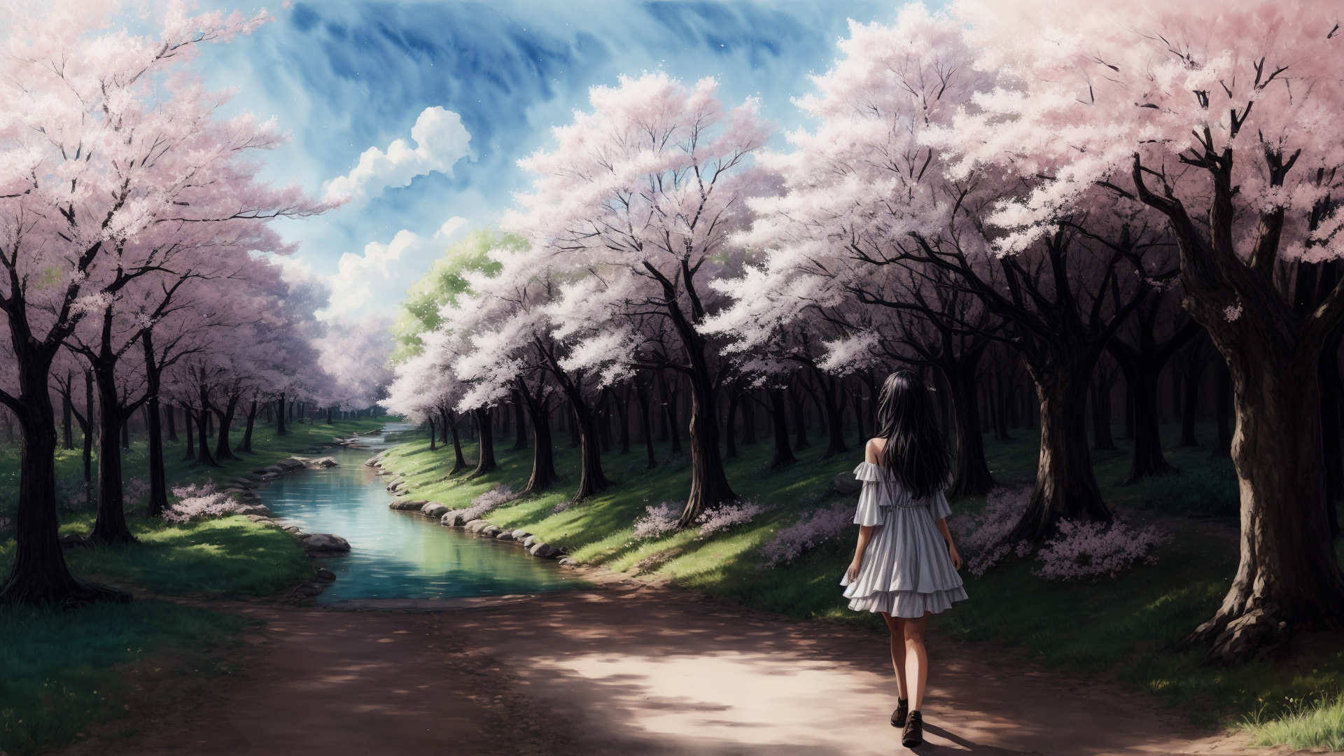 AI generated wallpaper featuring girl, cherry blossom, river