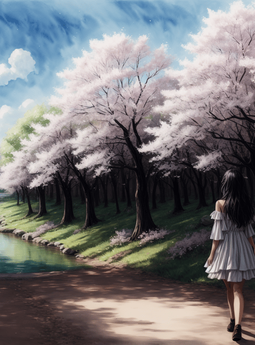 girl, cherry blossom, river