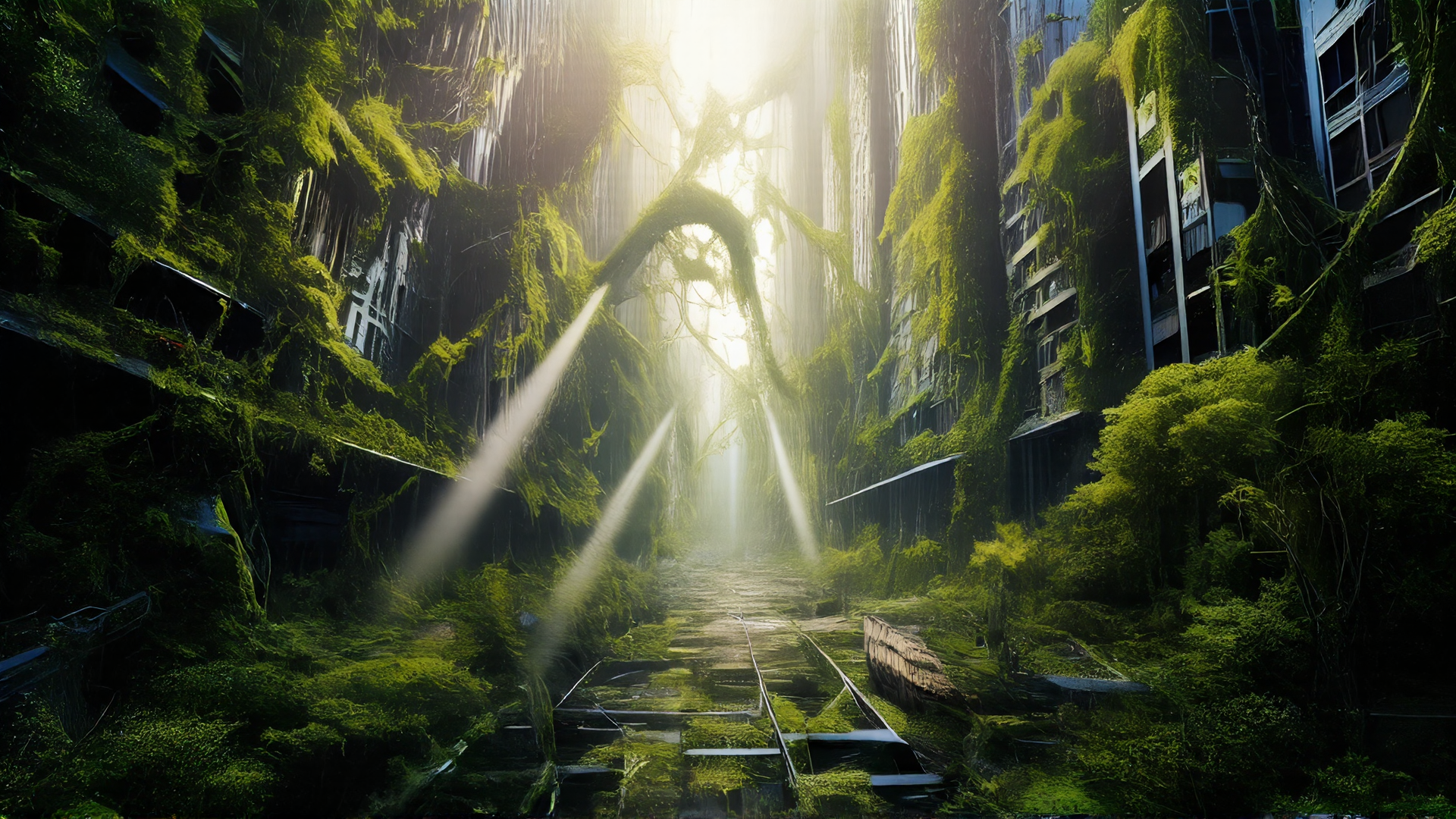 AI generated wallpaper featuring city, nature, sunlight
