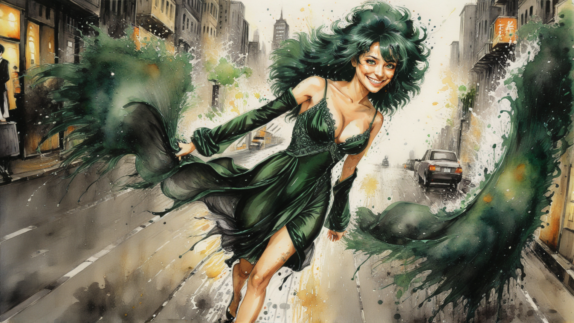 AI generated wallpaper featuring woman, dress, city