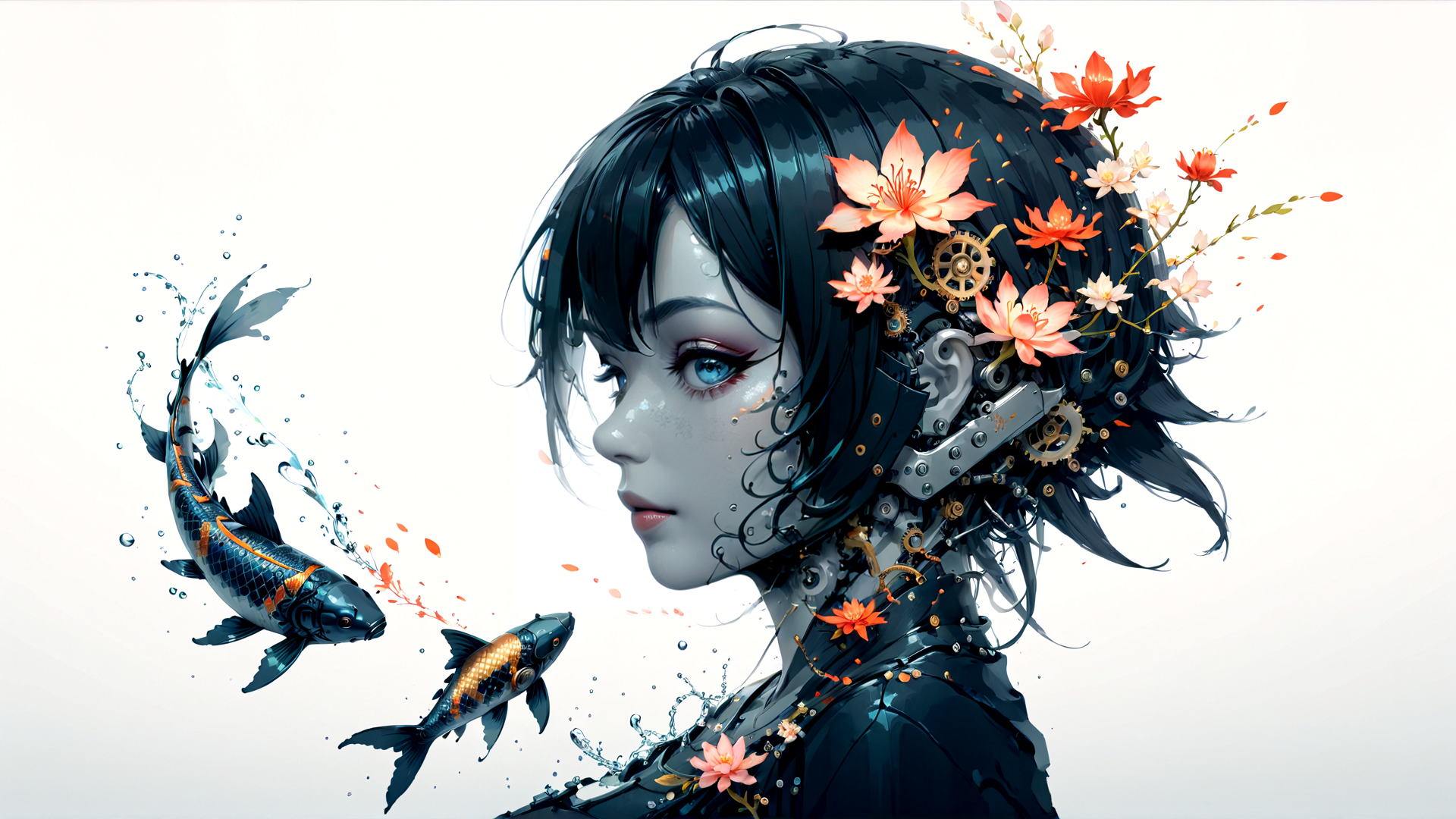 AI generated wallpaper featuring cyberpunk girl, koi fish, flowers, gears, mechanical parts