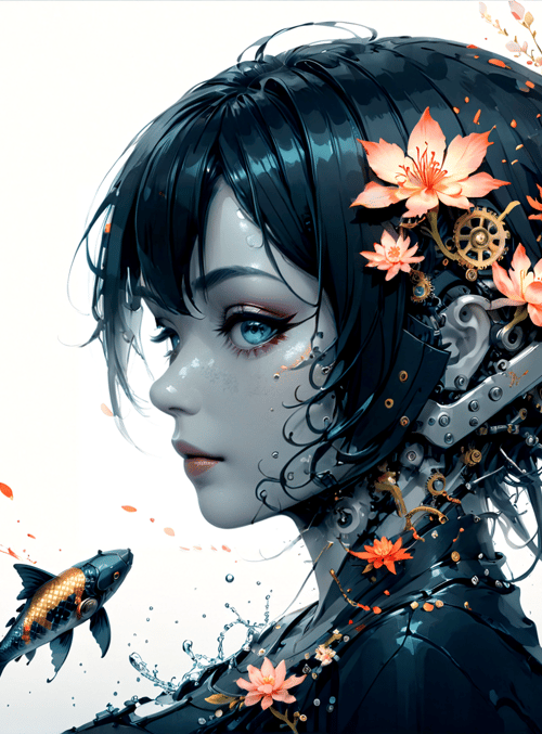 cyberpunk girl, koi fish, flowers, gears, mechanical parts