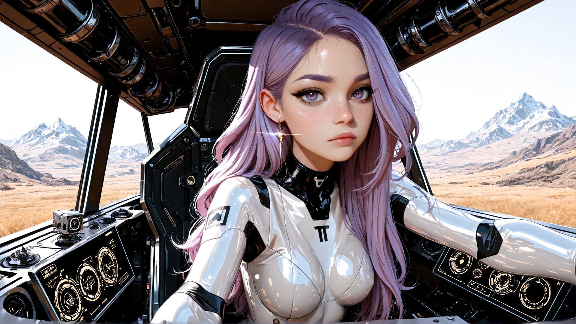 AI generated wallpaper featuring woman, vehicle, mountain, hair