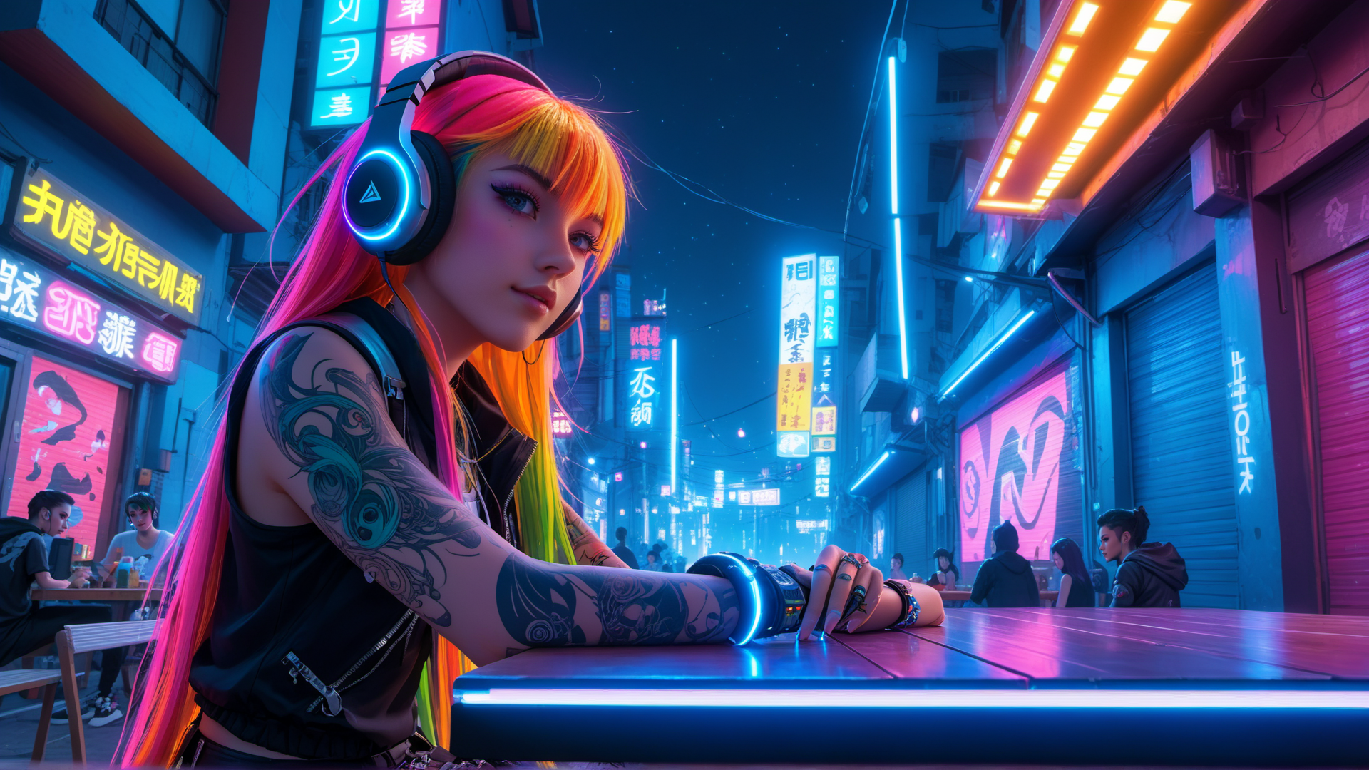 AI generated wallpaper featuring girl, neon, street
