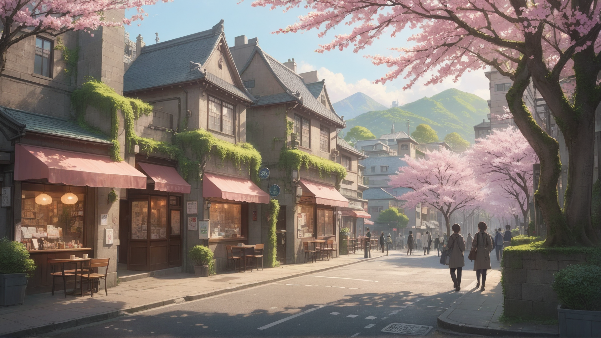 AI generated wallpaper featuring street, cherry trees, buildings