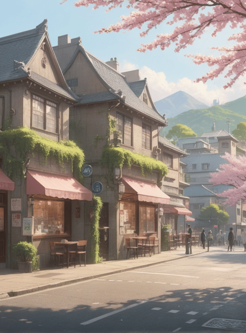 street, cherry trees, buildings