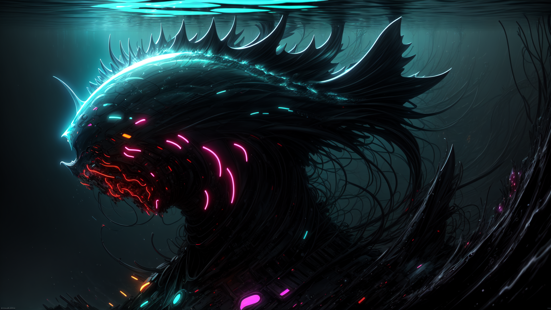 AI generated wallpaper featuring dragon, cyber, creature, neon, digital, underwater, monster, glowing, futuristic, tech