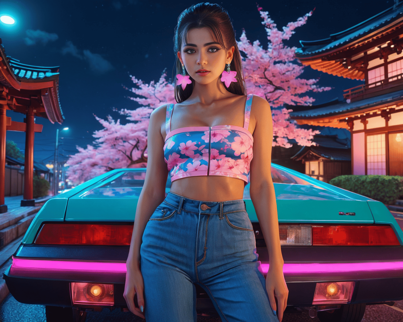 AI generated wallpaper featuring woman, car, cherry tree