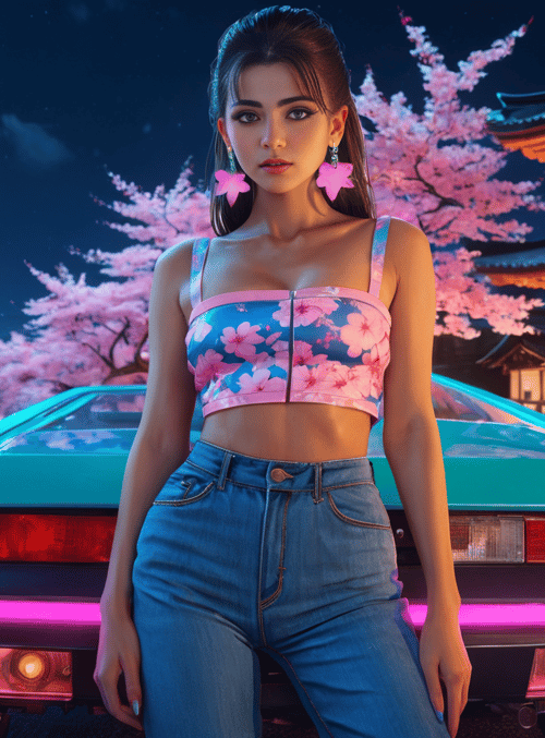 woman, car, cherry tree
