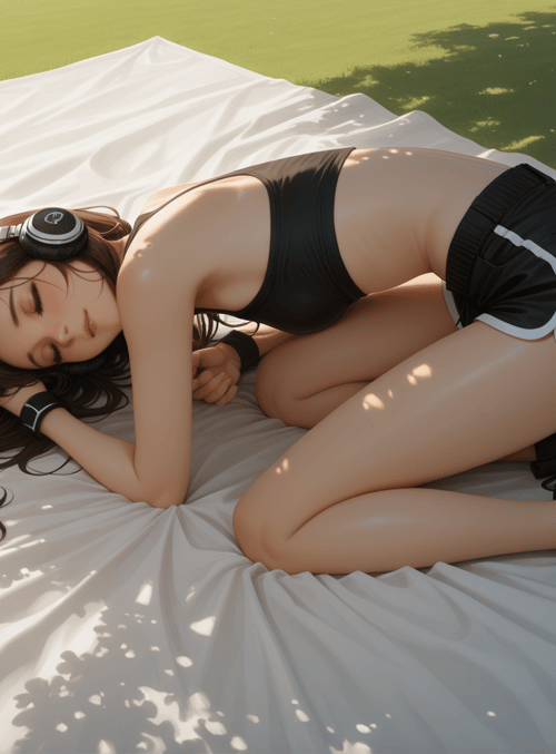 woman, headphones, blanket, grass, tree, sneakers, shorts, bra, watch, sunlight