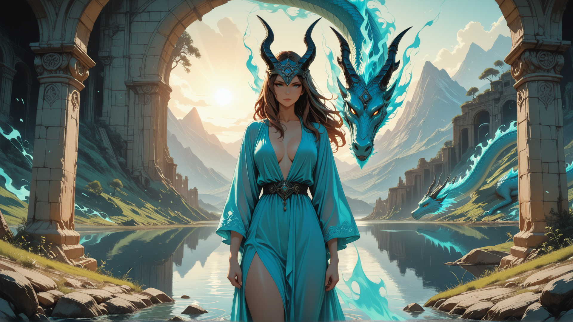 AI generated wallpaper featuring woman, dragon, arch, mountain, lake, castle, sun, tree, column, water