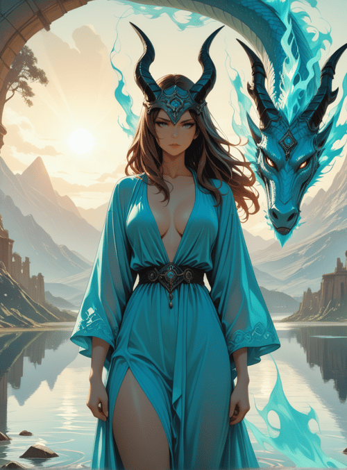 woman, dragon, arch, mountain, lake, castle, sun, tree, column, water