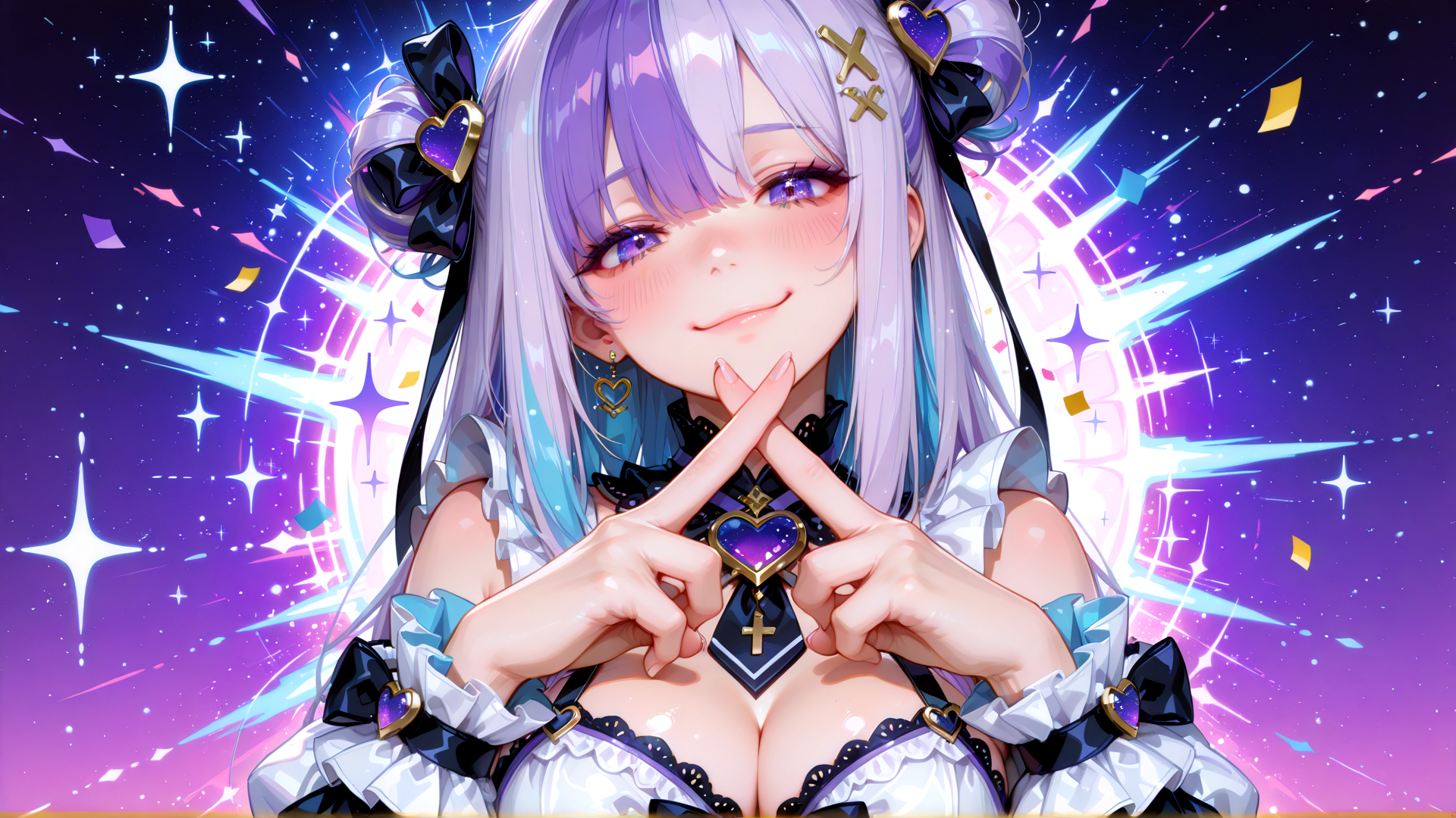 AI generated wallpaper featuring anime girl, celestial, gloved hands, heart decorations, confetti, stars