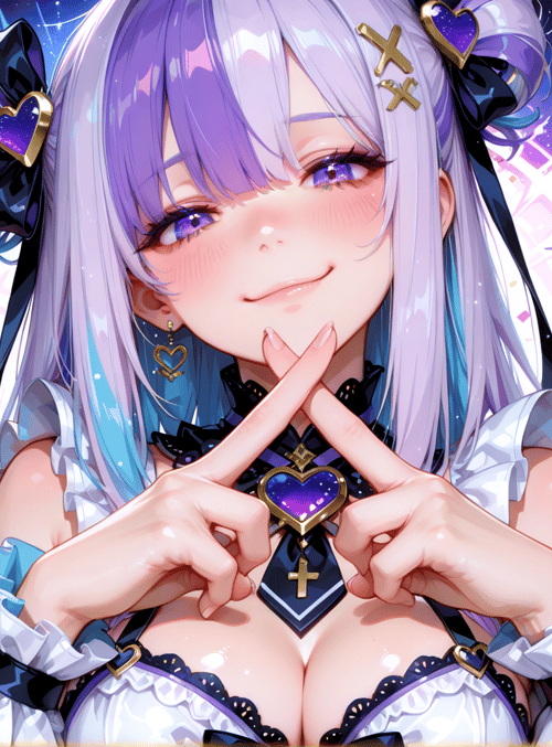 anime girl, celestial, gloved hands, heart decorations, confetti, stars