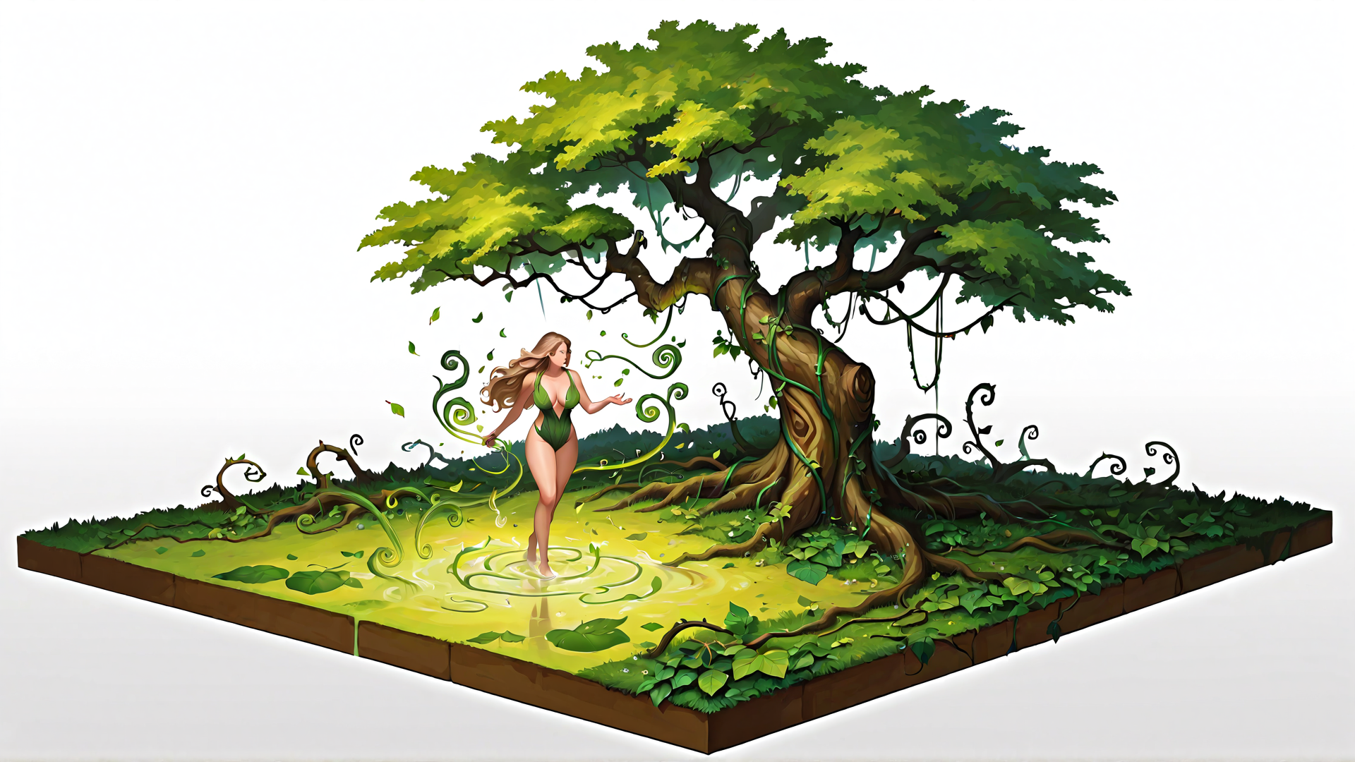 AI generated wallpaper featuring woman, tree, vines, leaves, ground
