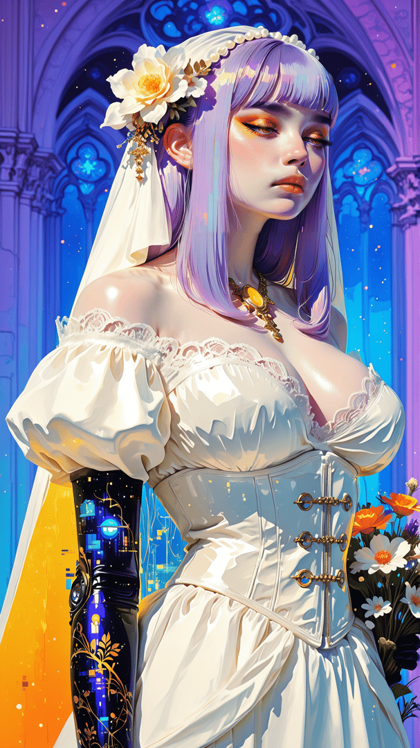 AI generated wallpaper featuring woman, bride, gown, veil, flowers, gloves, cityscape, cathedral