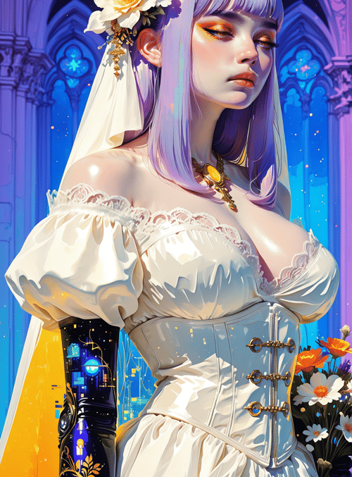 woman, bride, gown, veil, flowers, gloves, cityscape, cathedral