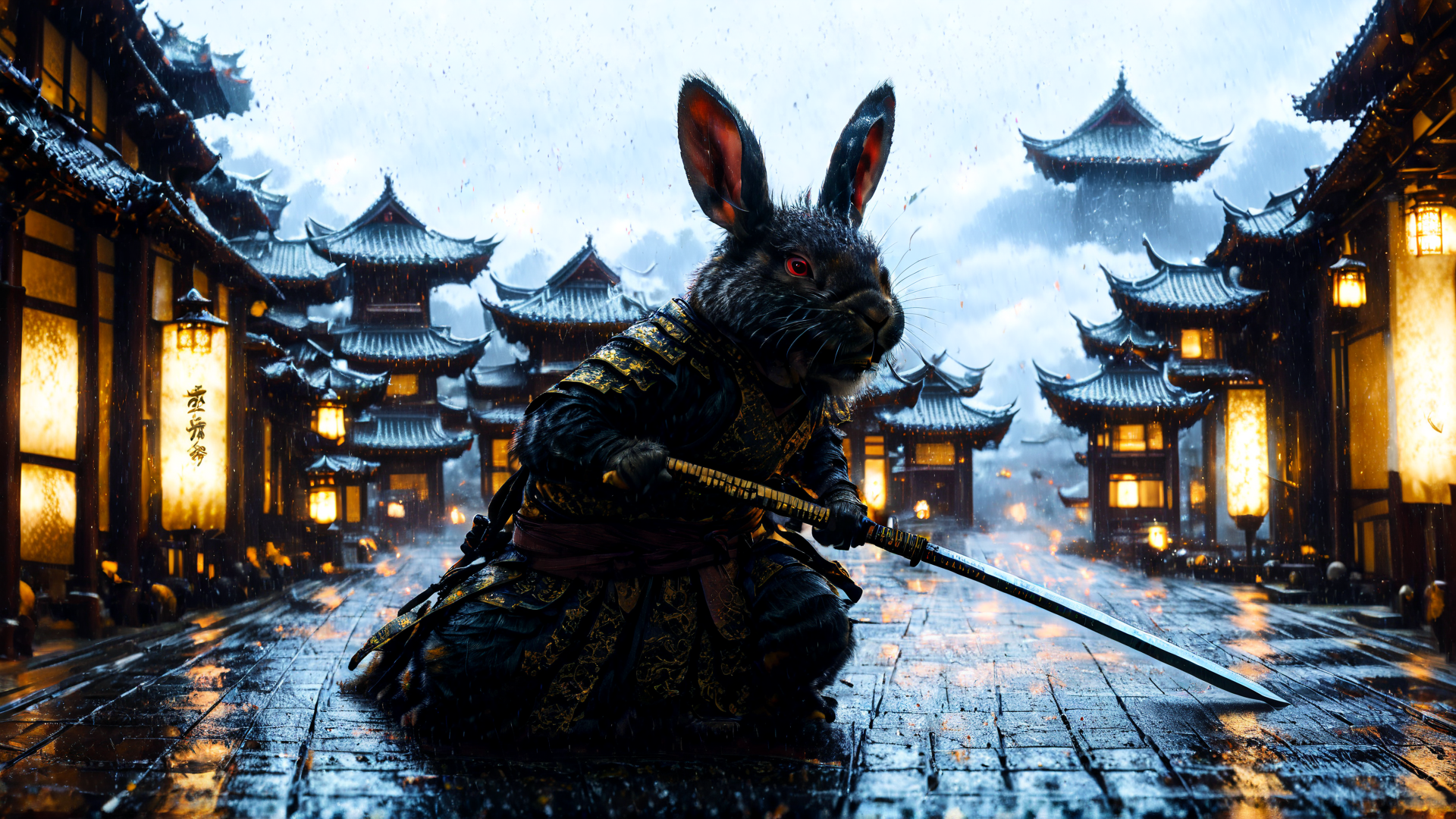 AI generated wallpaper featuring rabbit, samurai, sword, ancient city, lanterns, rain