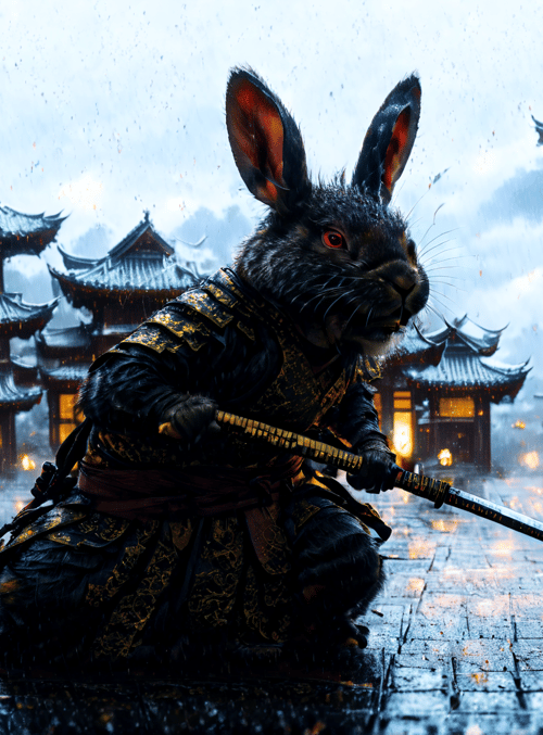 rabbit, samurai, sword, ancient city, lanterns, rain