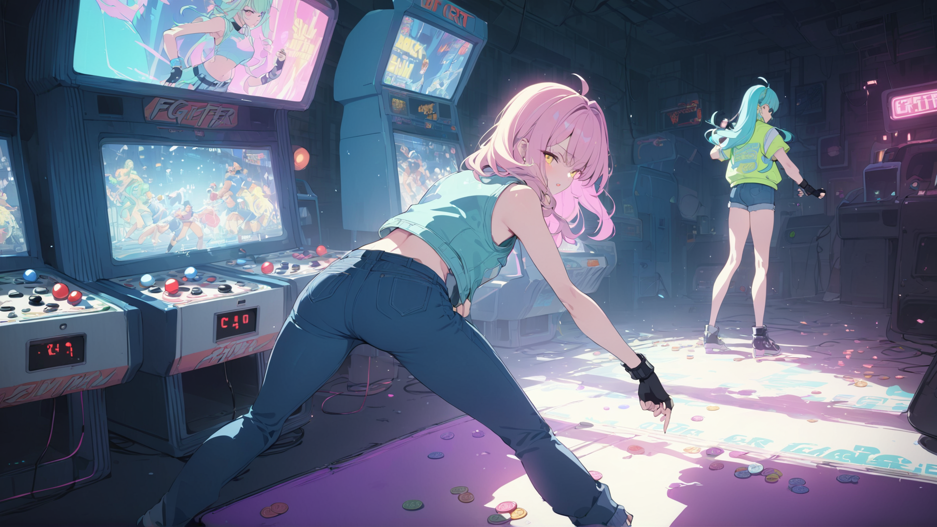 AI generated wallpaper featuring anime girls, arcade, game
