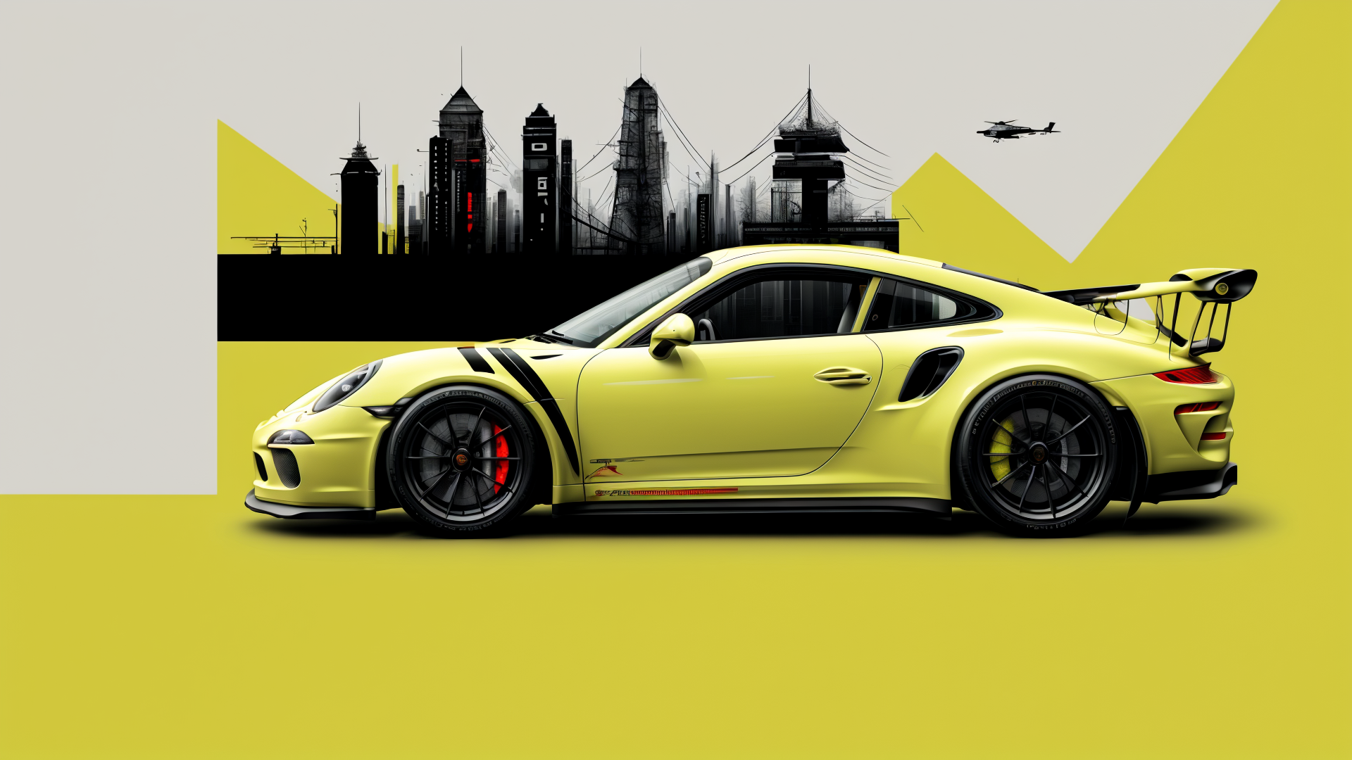 AI generated wallpaper featuring sports car, helicopter, cityscape