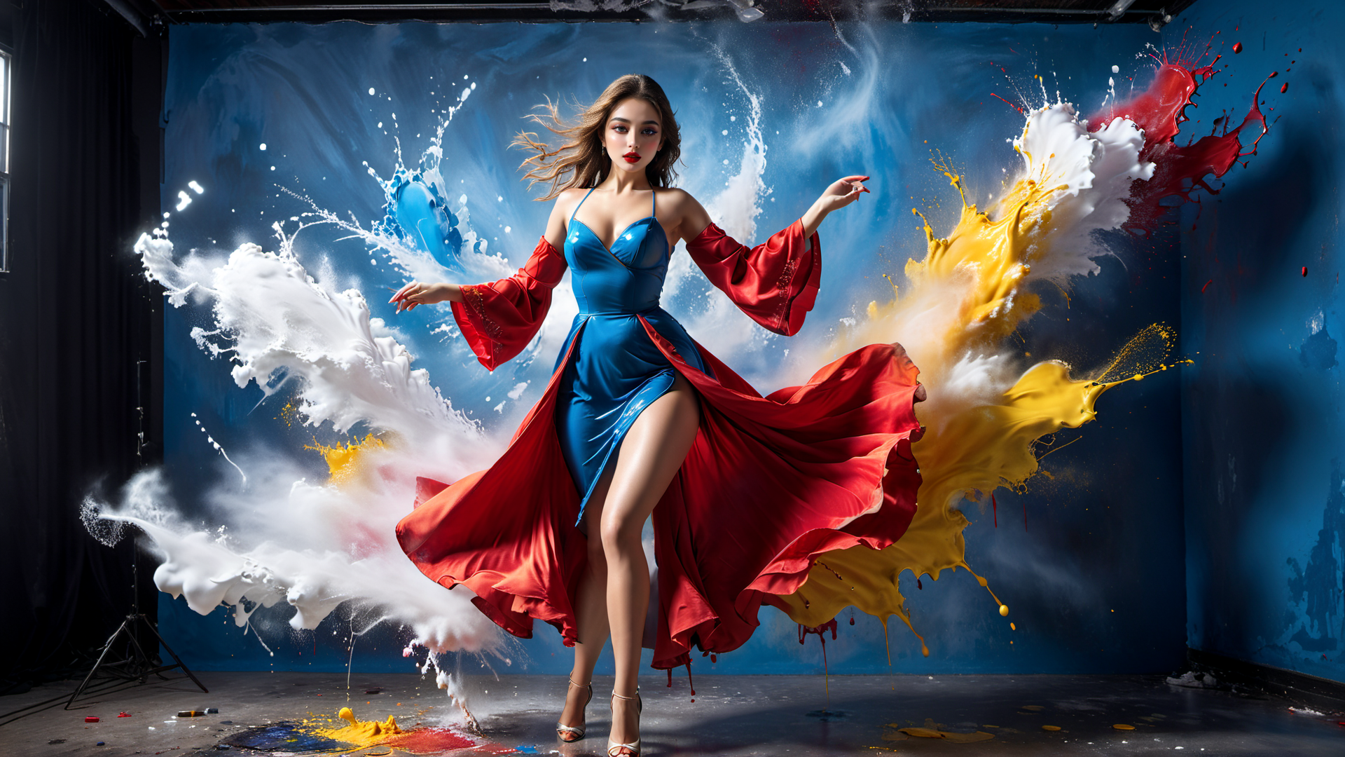 AI generated wallpaper featuring woman, paint, dress